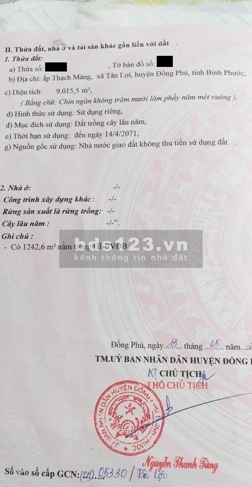 Cần bán 9.015m2 đất CLN mặt đường ĐT753, giá 170tr/1m ngang, xã Tân Lợi, Đồng Phú, Bình Phước
