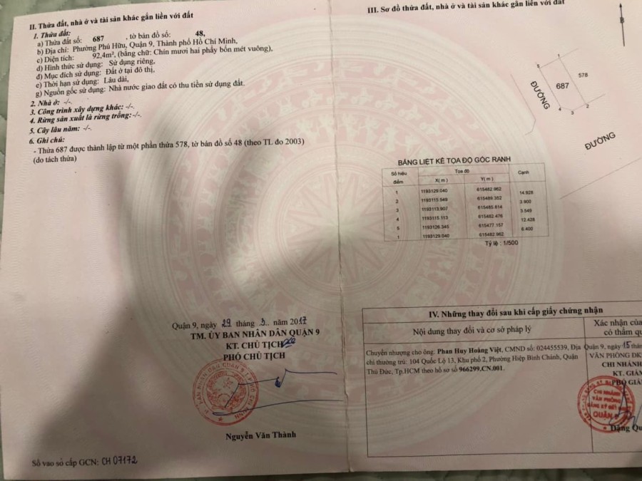 Bán đất full thổ, lô góc diện tích sử dụng 92m2, 2 mặt tiền đường 990 Phú Hữu Quận 9