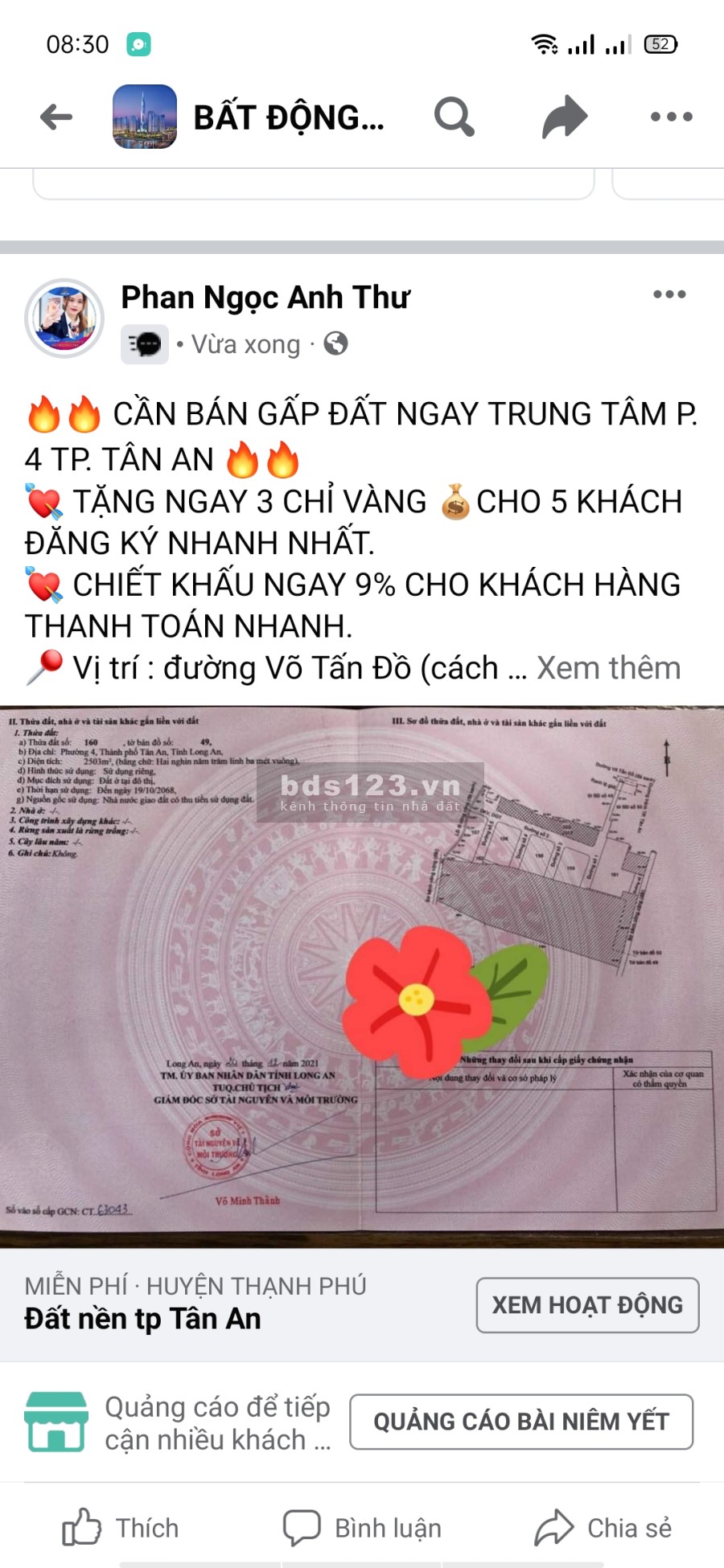 Đất nền thành phố Tân An phường 4 quy hoạch thổ cư, chỉ từ 970 triệu/nền lh 0365853239