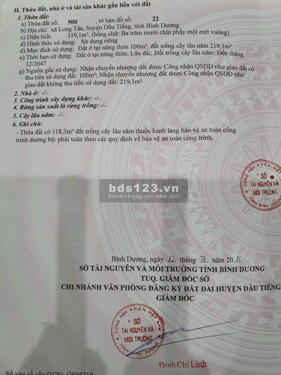 Bán đất mt nhựa ĐT 749D Long Tân Dầu Tiếng, dt 319m2, thổ cư 100m, dân cư đông, shr
