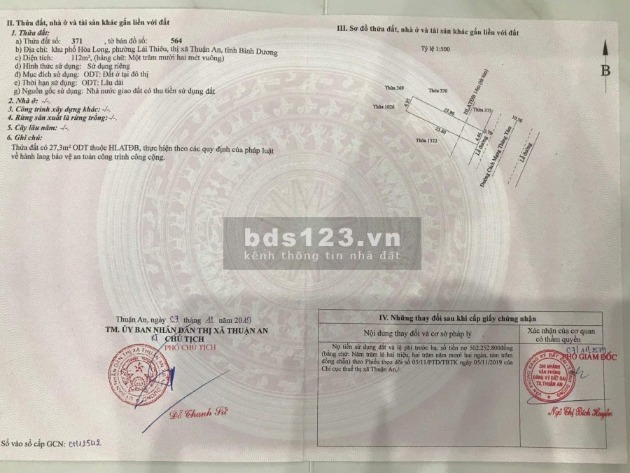 Bán Lô đất MT dt 112m full tc đường cách mạng tháng 8, Lái Thiêu, Thuận An, cách ql13 đúng 500m.