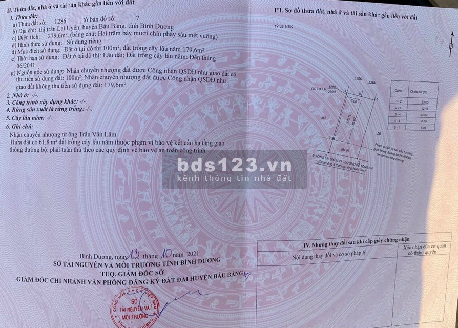 Bán lô đất dt 12×23m, 100m tc TT Lai Uyên, Bàu Bàng, cách ql 13 đúng 200m, gần chợ, trường, dân đông