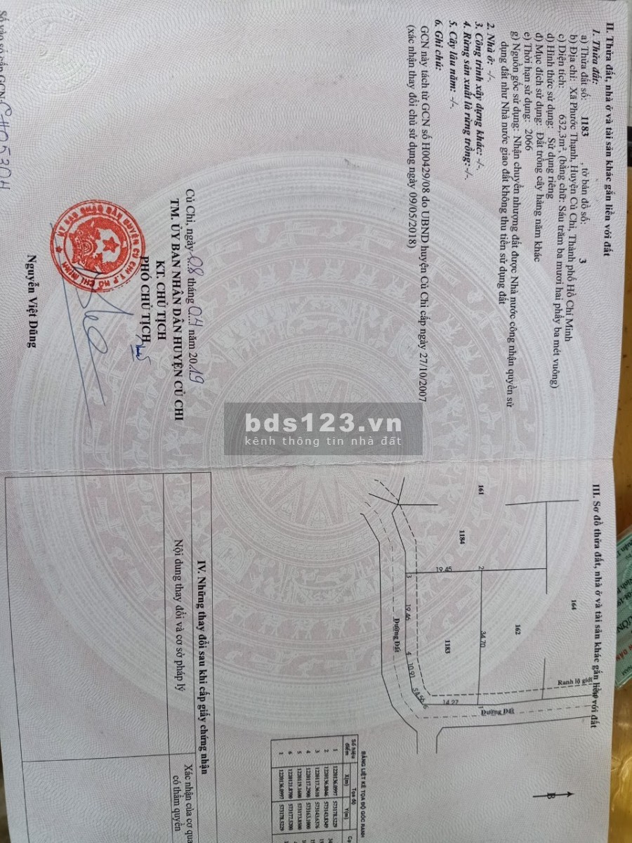 Bán đất 2 mặt tiền diện tích sử dụng (30*20) Xã Phước Thạnh, Củ Chi, pháp lý chính chủ
