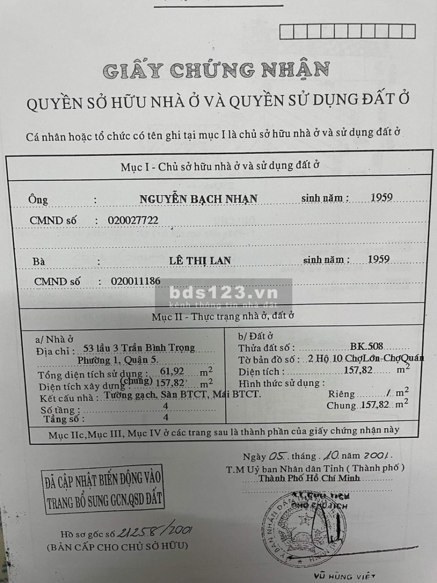 Chính chủ bán nhà chung cư trung tâm Quận 5, sổ chính hồng chính chủ dtsd 62m2, lhcc