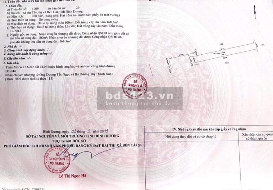Bán lô đất MT ĐT 744 An Tây Bến CátDT 5×53m, tc 100m. 4tỷ chốt