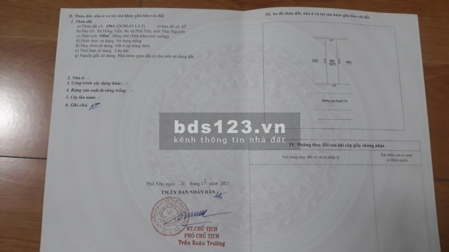 Bán đất chính chủ tại Hồng Tiến, Phổ Yên, Thái Nguyên; 100m; giá 1.55 tỷ; lh 0918228061