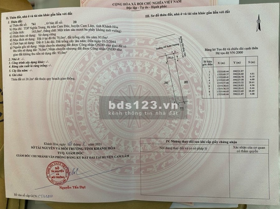 Kẹt Bán Nền Đất Đường Hồ Xuân Hương Cam Đức Cam Lâm diện tích sử dụng 163m2