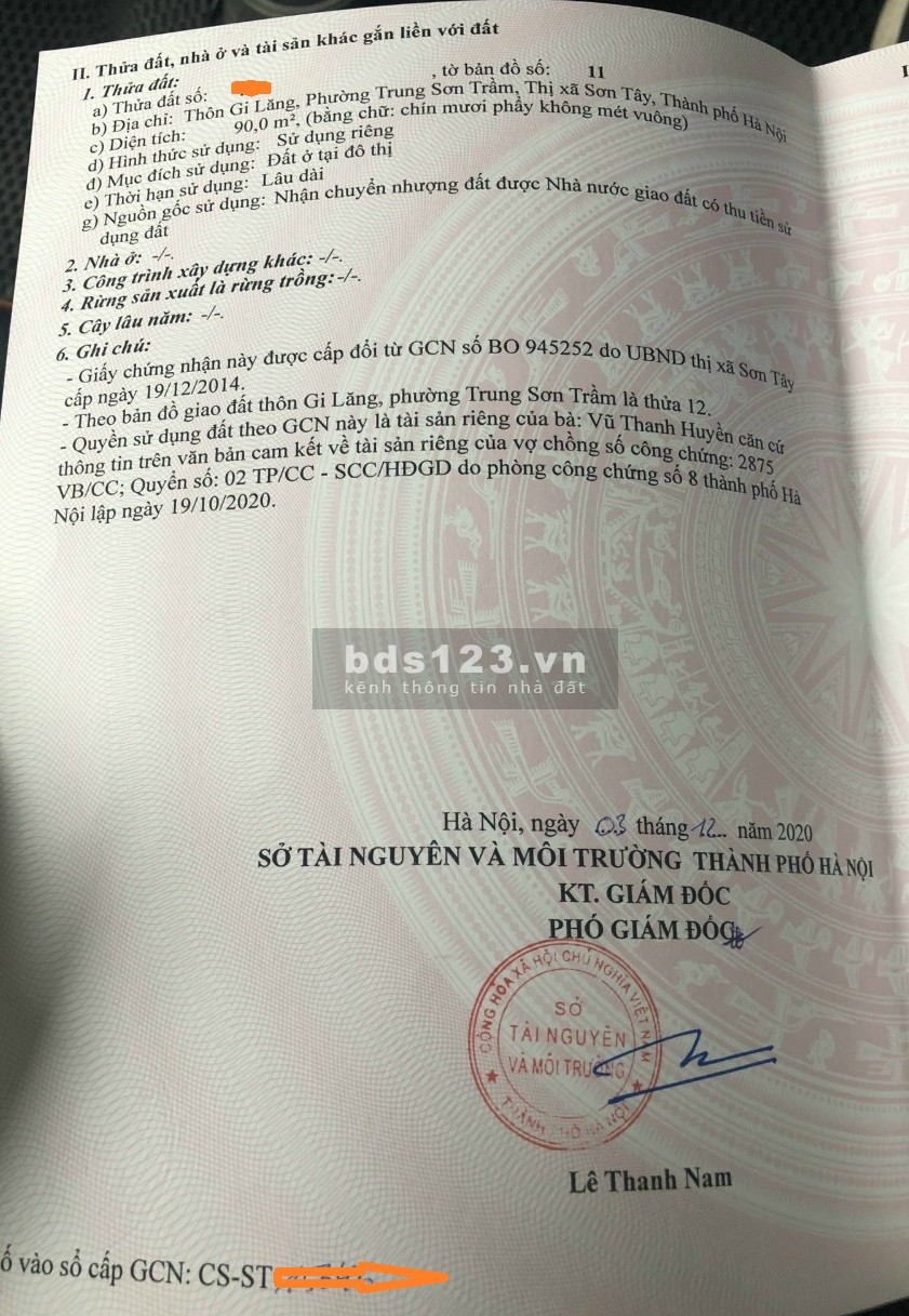 Chính chủ cần tiền bán ô đất giãn dân P. Trung Sơn Trầm, Thị Xã Sơn Tây, TP. Hà Nội.