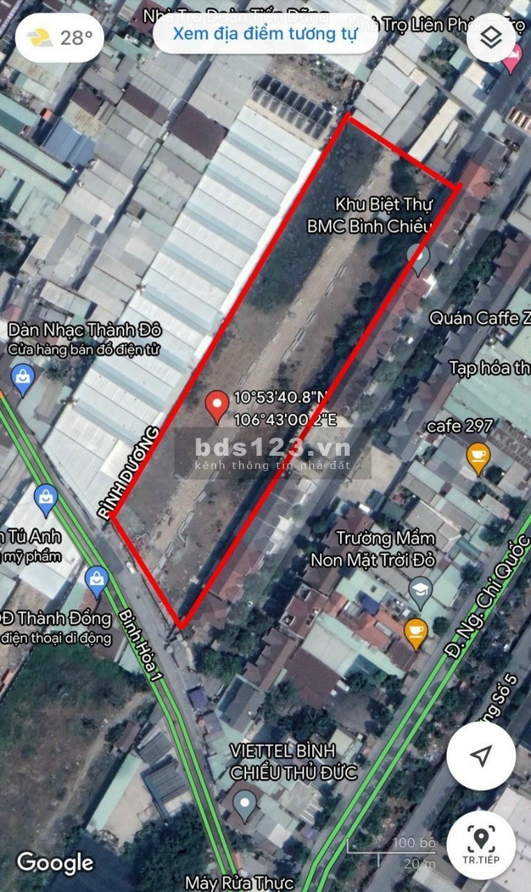 Bán đất Thủ Đức. Mặt tiền Ngô Chí Quốc. Đã có sổ riêng. DT 59,3m2. Giá 3 tỷ 774 triệu. Ngang 4m
