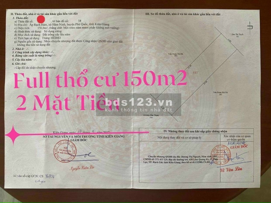 Bán đất thổ 100% bao soi quy hoạch liên hệ 0944130732, sổ sẵn bàn giao ngay, giá tốt