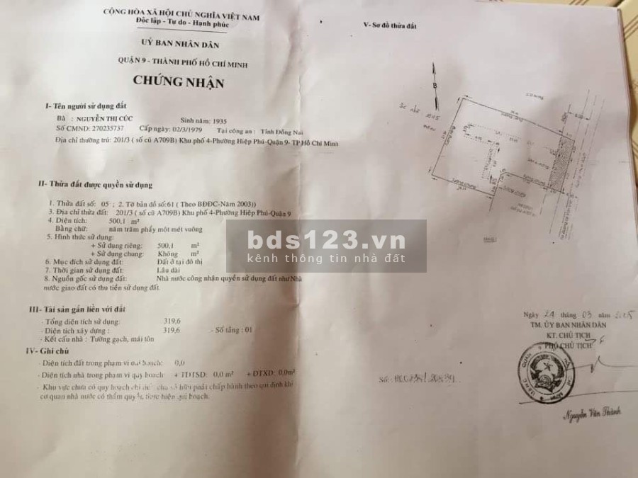 Bán đất thổ cư 500m2 tại T.tâm Lê Văn Việt, Q.Thủ Đức. Sổ hồng + công chứng. LH - 0396837887