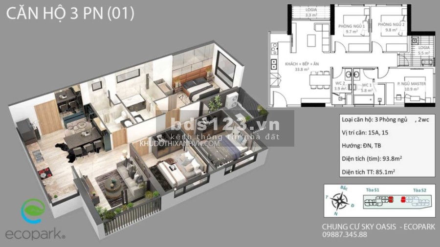 Bán căn Hộ 3PN Sky Oasis hướng ĐN giá bán 3,6 tỷ bao phí chính chủ liên hệ 0392073432