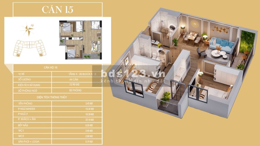 Chỉ từ 450 triệu sở hữu căn hộ diện tích sử dụng 64m2 2PN, 2VS bàn giao nhà T6/2022