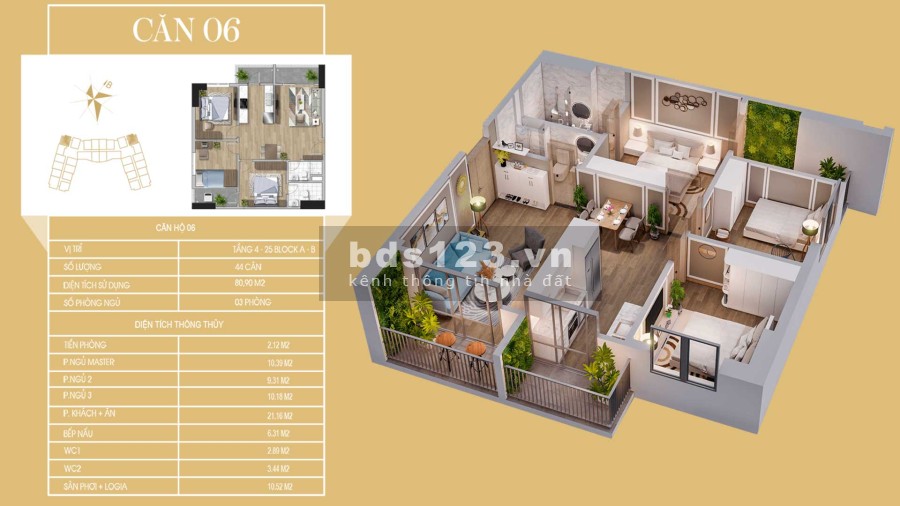 Chỉ từ 450 triệu sở hữu căn hộ diện tích sử dụng 64m2 2PN, 2VS bàn giao nhà T6/2022