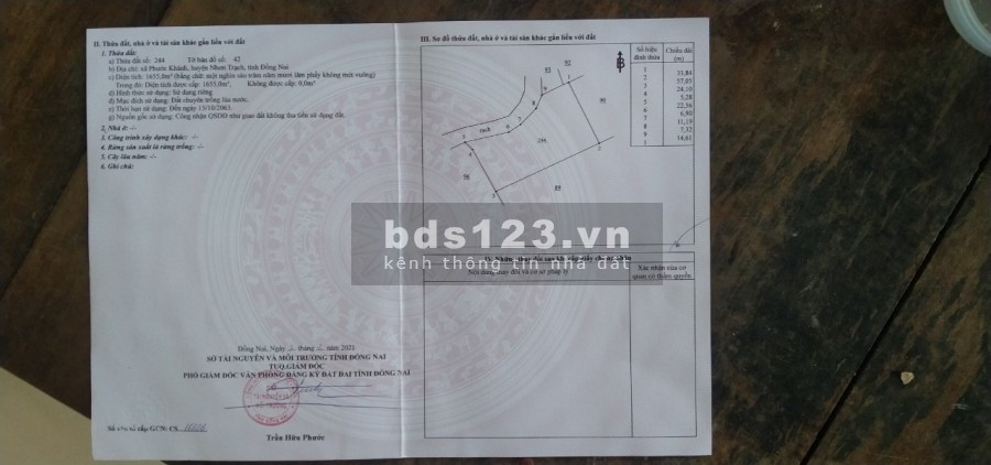 Chính chủ gửi bán lô đất diện tích 1655 m2 thuộc xã Phước Khánh pháp lý sổ đỏ đầy đủ