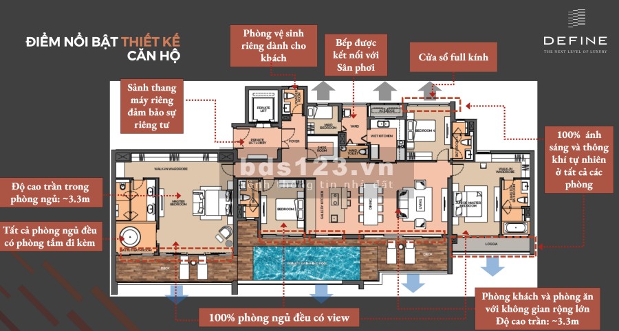 Chính Chủ Bán Căn Hộ Define Capital Land. 4BR, hồ bơi, thang máy riêng. DT 326m2 Căn góc tầng cao.