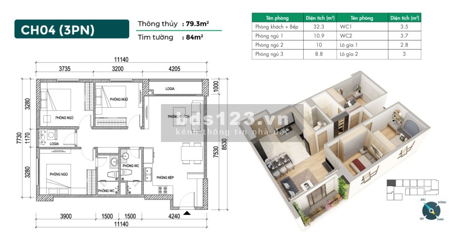 Duy nhất căn 3 phòng ngủ Phương Đông Green Home, diện tích sử dụng 79m2 Giá 2,4x tỷ