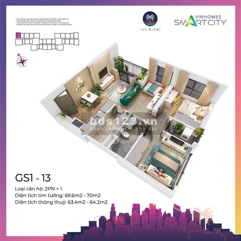 Chuyển nhượng CH Vinhomes Smart City 2PN 2WC rộng 55m2 hướng Tây Nam
