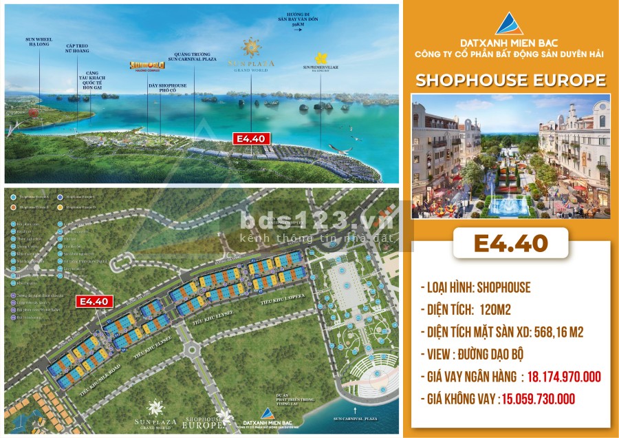 Cắt lỗ chính chủ căn Shophouse Sun Europe hỗ trợ lãi suất, tiện ích đẳng cấp, khu dân cư