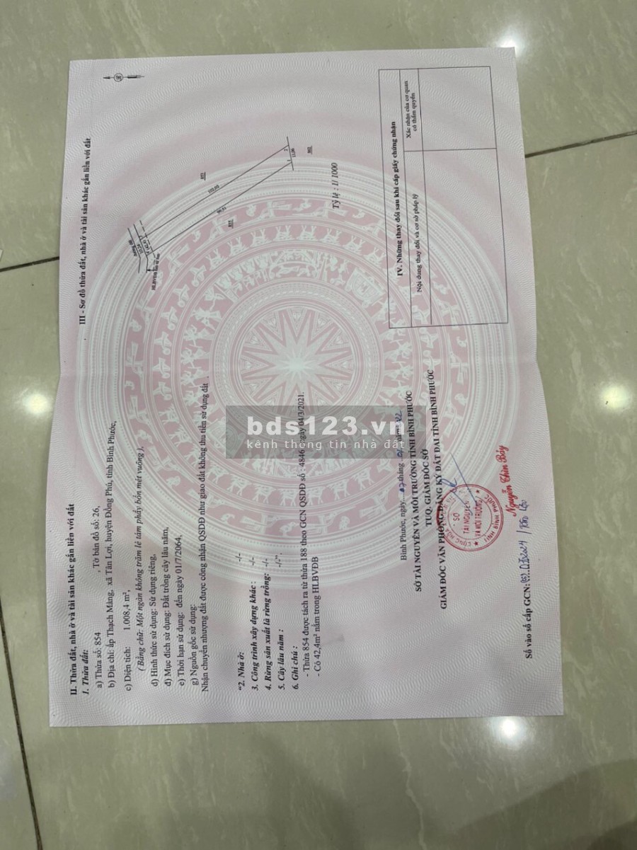 Cần bán gấp đất Tân Lợi Đồng Phú, diện tích 1000m2, giá 300 triệu hổ trợ pháp lý, giá tốt