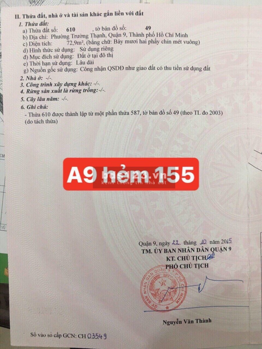 Bán đất phường Trường Thạnh, Q9, Tp.HCM