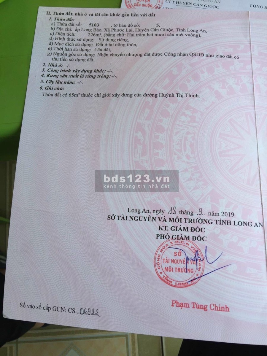 Thổ cư mặt tiền Đê ông sâu Phước Lại giá bán 1.85 tỷ, pháp lý chính chủ, bàn giao đủ giấy tờ