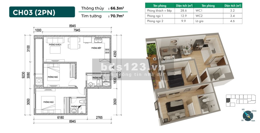 Duy nhất căn 2 phòng ngủ Phương Đông Green Home, dt 66m2 Giá 2,1x tỷ, lh 0982706222