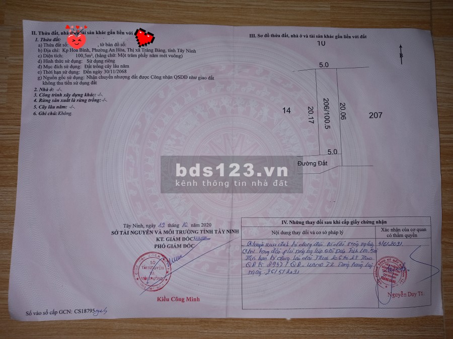Bán đất Full thổ cư, cách chợ Trảng Bàng 1km, gần Chợ Trường Ủy Ban siêu thị pháp lí rõ ràng