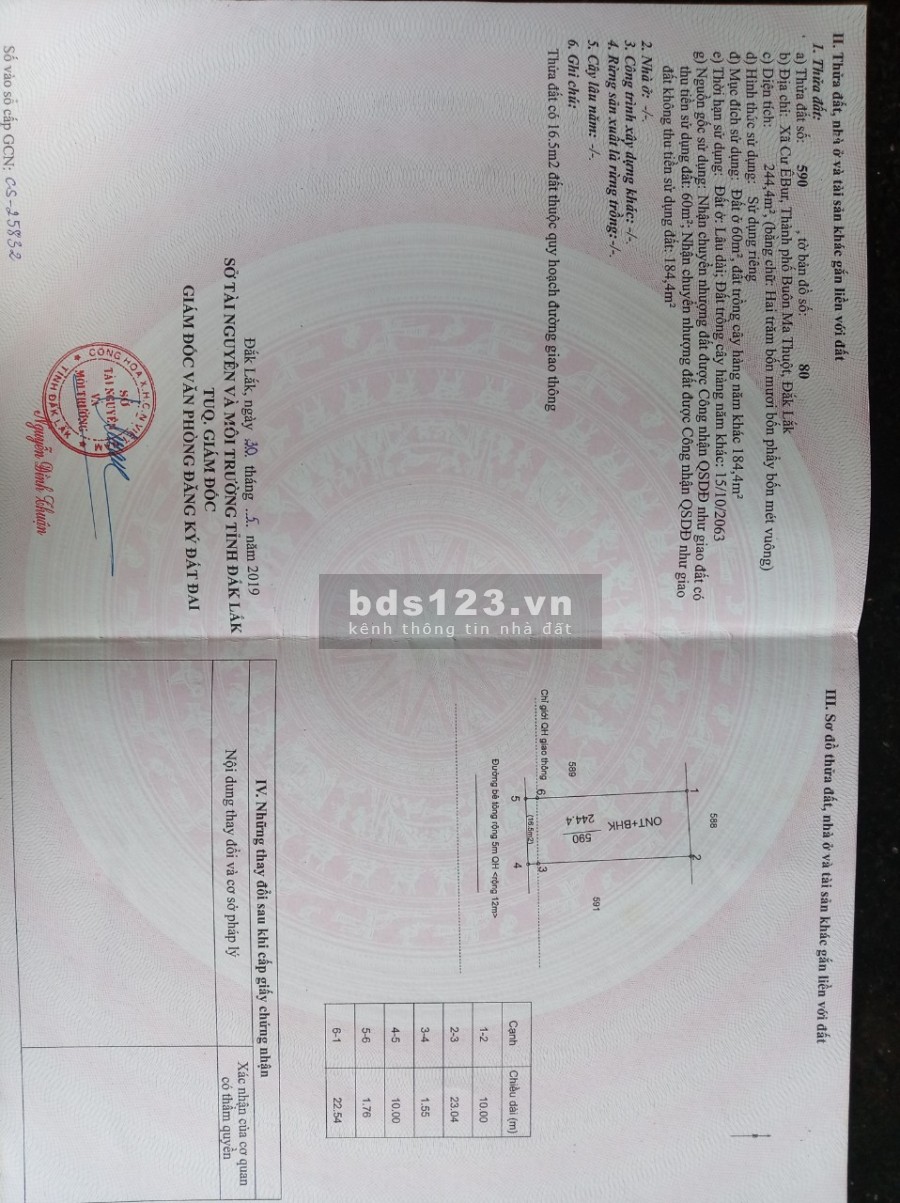 Bán đất thổ cư đường A2 thôn 4 cưebua giá 2,05 tỷ, diện tích 245m2, Mt 10m, đường qh 12m