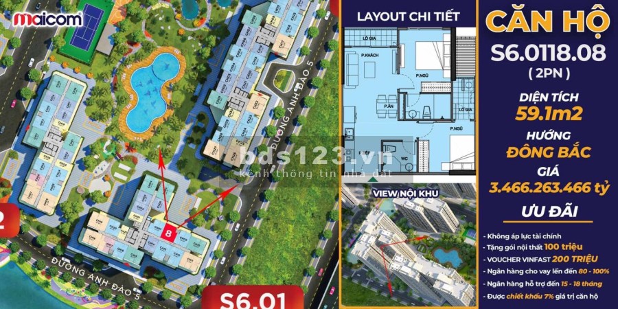Bán Căn hộ chung cư 2PN, rộng 59,1m2 ngay trục đường tiện đi lại, gần trường học, bệnh viện
