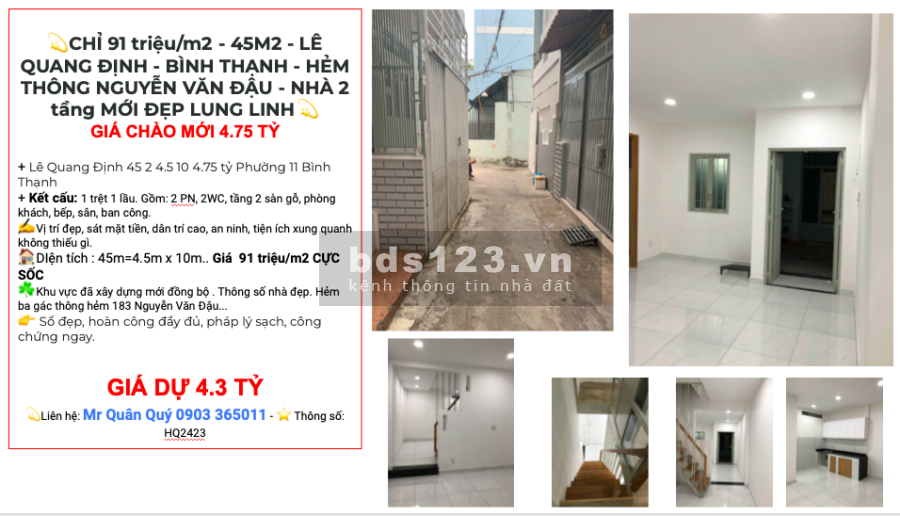 Bán gấp nhà quá đẹp chiều ngang 4.5m, Lê Quang Định, dtsd 45m2, giá chỉ hơn 4 tỷ, sổ sẵn