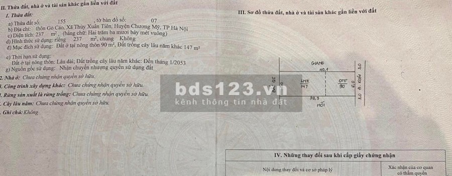 Bán mảnh đất 237m, 90m thổ cư. Tại Gò Cáo, Thuỷ Xuân Tiên, Chương Mỹ, HN.