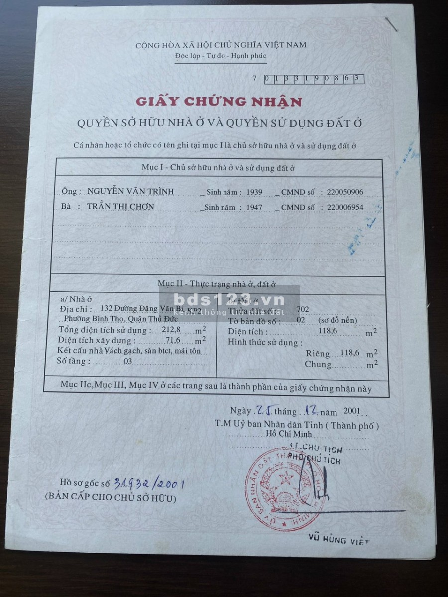 Bán nhà 132 Đặng Văn Bi Phường Bình Thọ Thành Phố Thủ Đức kết cấu 3 tầng đúc