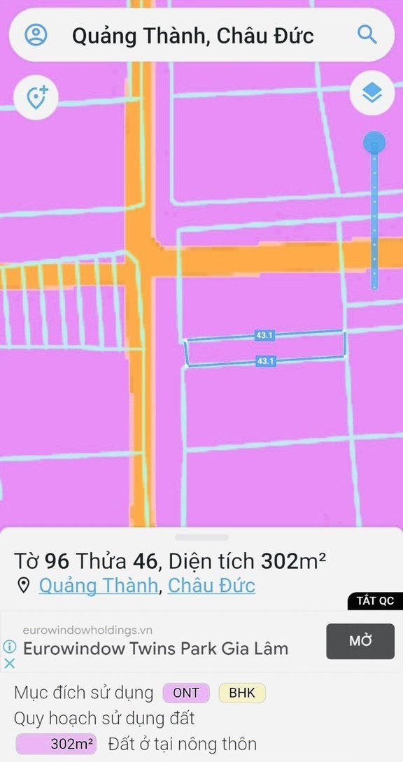 Bán đất Quảng Thành, Châu Đức, dtsd 302m2, thổ cư, giá bán 1.57 tỷ, pháp lý chính chủ