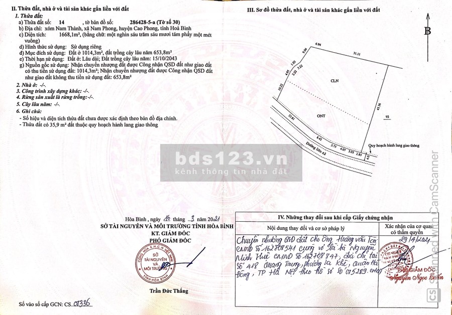 Bất động sản Hoà Bình, chính chủ bán đất Cao Phong, diện tích 1668M2 sổ sẵn chính chủ