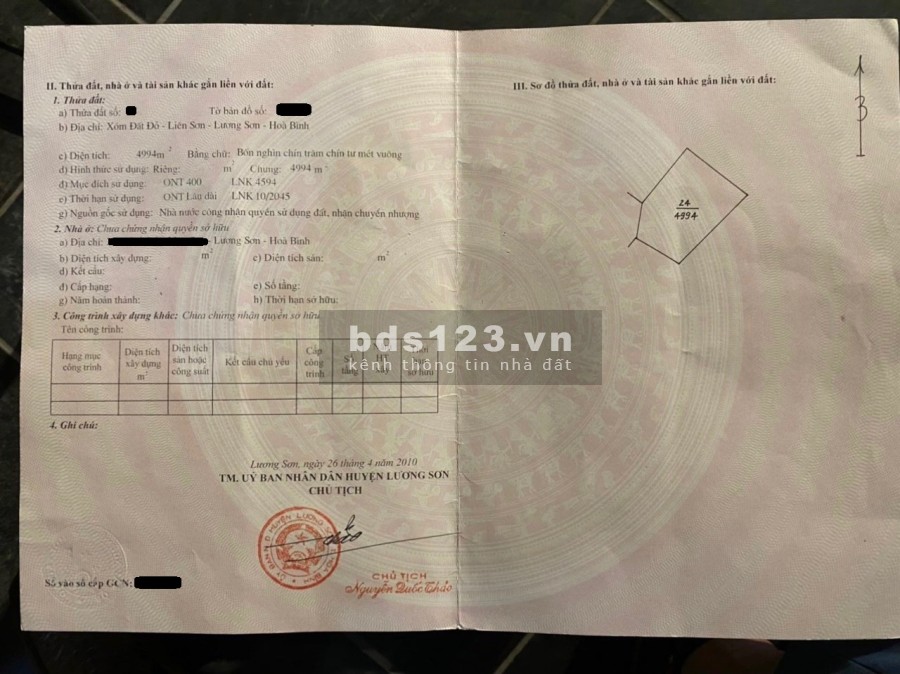 Cần thanh khoản mảnh đất tại Lương Sơn, Hoà Bình, diện tích vuông vức, giá đầu tư