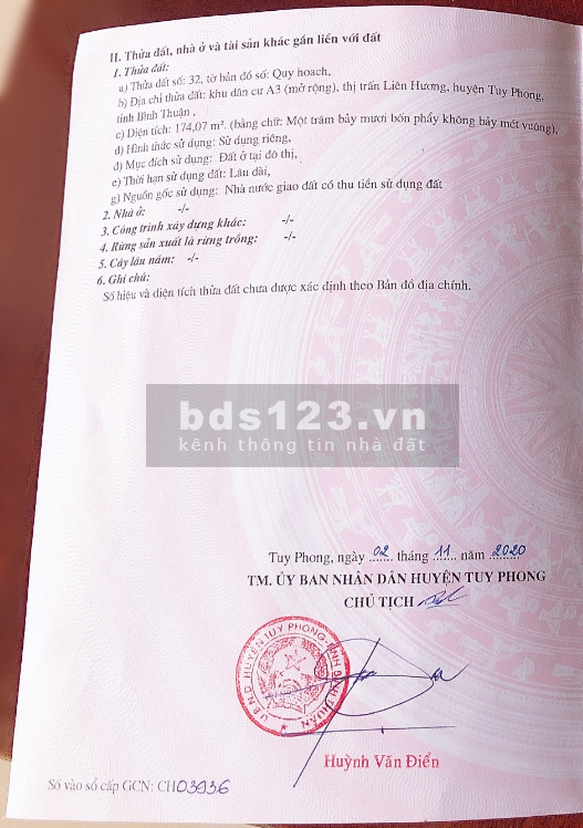 Đất có số đỏ 174m2, chính chủ, khu dân cư A3, Thị Trấn Liên Hương, Huyện Tuy Phong, Tỉnh Bình Thuận