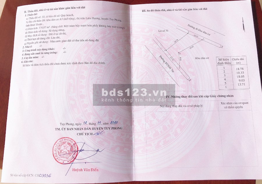 Đất có số đỏ 174m2, chính chủ, khu dân cư A3, Thị Trấn Liên Hương, Huyện Tuy Phong, Tỉnh Bình Thuận