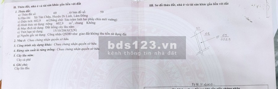 Bán mảnh đất diện tích 603 m2 tại xã Tân Châu, Di Linh, Lâm Đồng giá 920 triệu, lh 0912442669