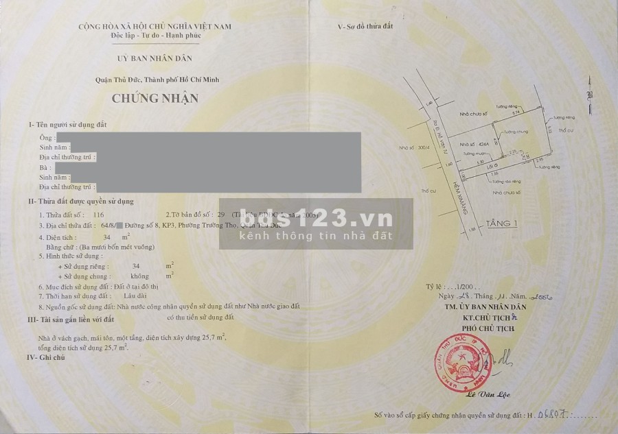 Về quê cần để lại căn nhà nhỏ ở phường Trường Thọ sổ hồng chín chủ, giá 2.97 tỷ