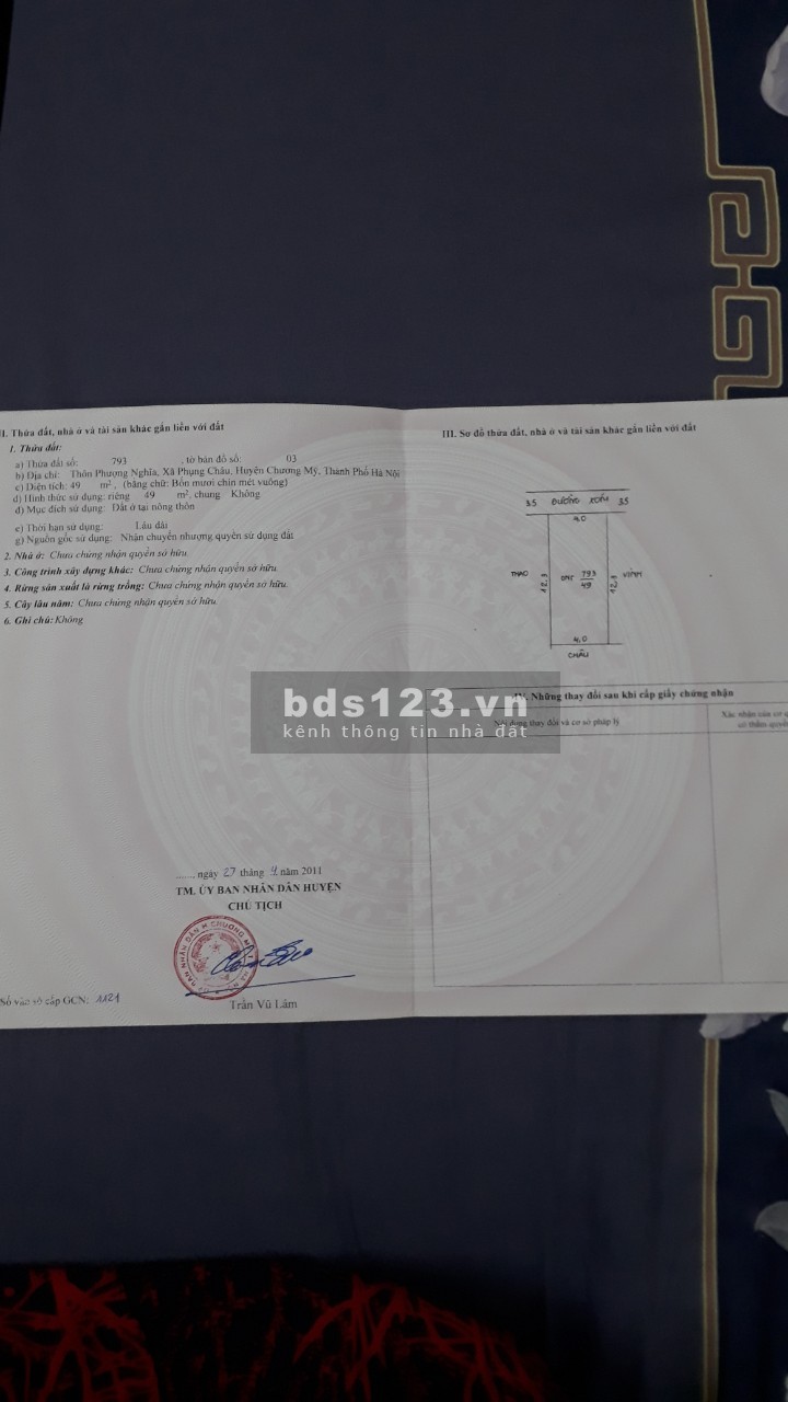 Chính chủ bán 49m2 mặt tiền 4m, tại UBND xã Phụng Châu, oto tránh , giá rất tốt 1,x tỷ