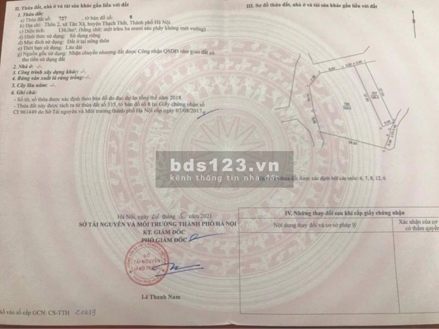 Chính chủ gửi em bán mảnh đất tại Thôn 2, Tân Xã liên hệ 0966964606, diện tích 136m2
