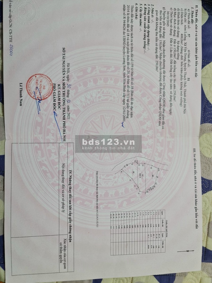 Bán nhanh lô đất diện tích sử dụng 400m2 tại xã yên trung huyện Thạch Thất Hà Nội