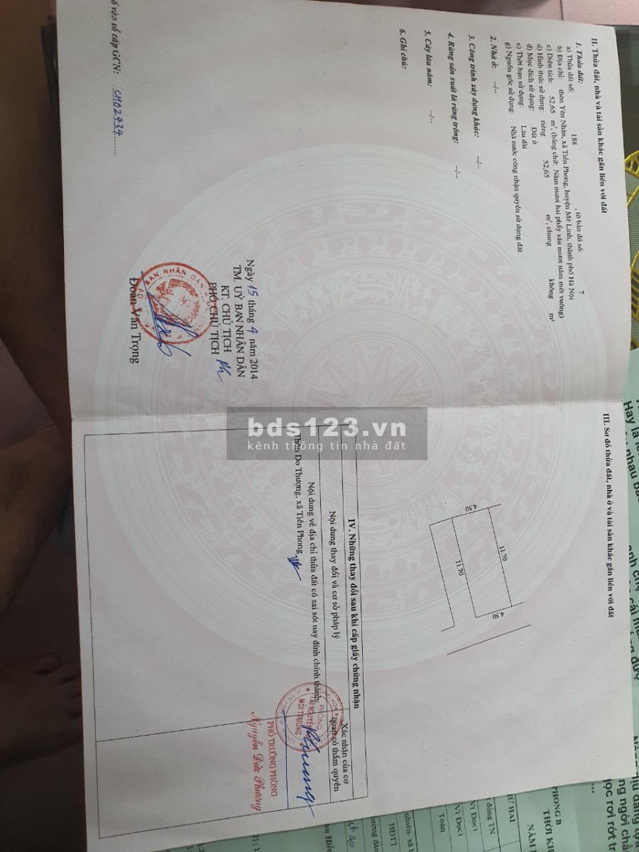 Bán đất tặng nhà 3 tầng Do Thượng Tiền Phong Mê Linh, dt 52.65m2, ngõ ô tô, đường thông thoáng