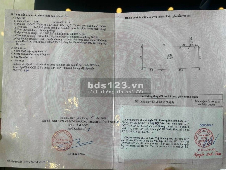 Bán đất diện tích 242m2 Thủy Xuân Tiên Chương Mỹ Gà Nội giá bán chỉ 7 triệu/m2