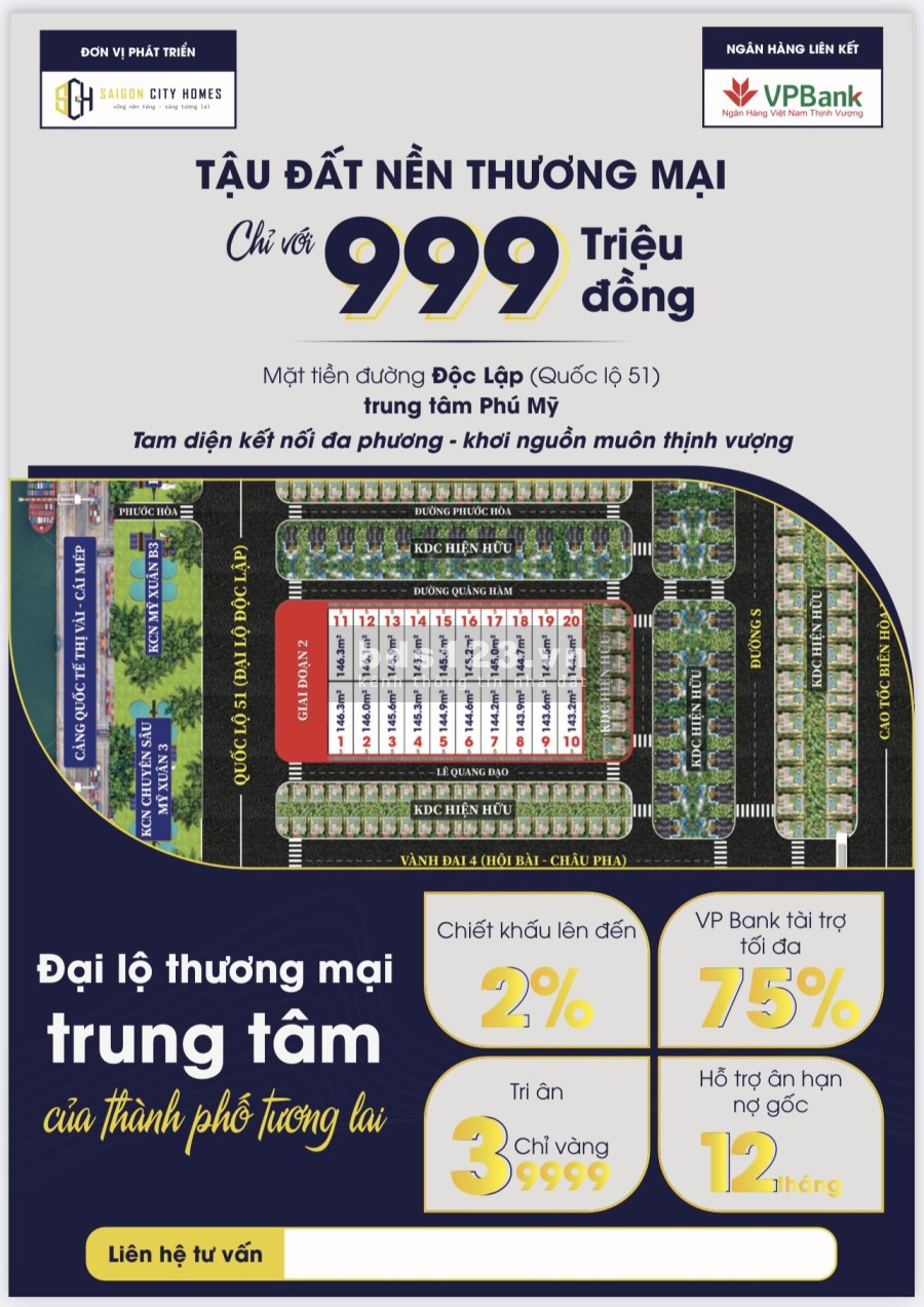 Bán đất nền có sổ 3 mặt tiền đường Quốc Lộ 51m, Phú Mỹ Bà Rịa Vũng Tàu