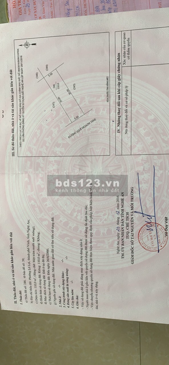 Bán lô đất dự án Nam Lê Lợi Tp Vinh diện tích 110m2 đường: 18m giá 3 tỷ hơn, sổ sẵn