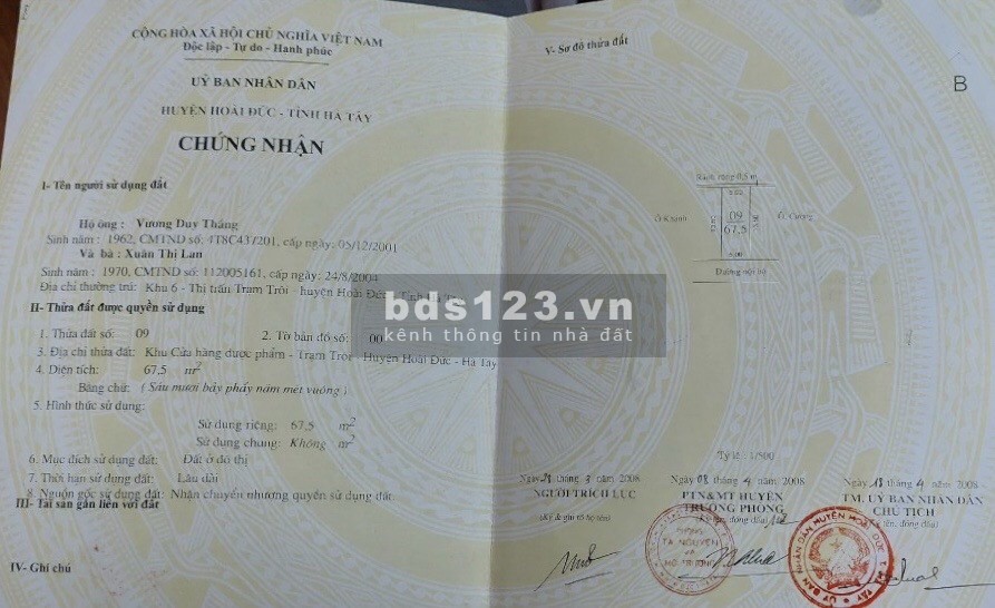 Chính chủ bán ô đất diện tích sử dụng 67,5m2, đất phân lô - Trạm Trôi, Hoài Đức.