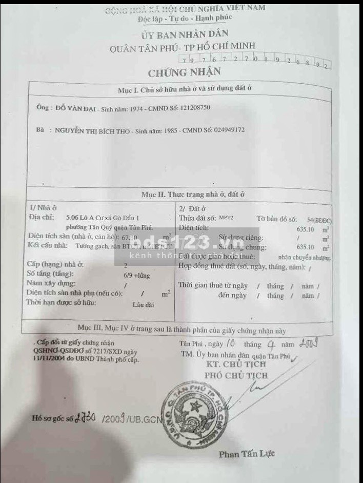 Cần bán căn góc căn hộ chung cư Gò Dầu 1, P Tân Quý, Quận Tân Phú giá bán 2.5 tỷ