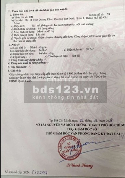 Chính chủ cần bán gấp giá tốt nhà hẻm 68 Trần Quang Khải P Tân Định Quận 1